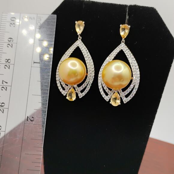 Golden South Sea Pearl and Citrine Sterling Silver Earrings - Picture 2 of 6